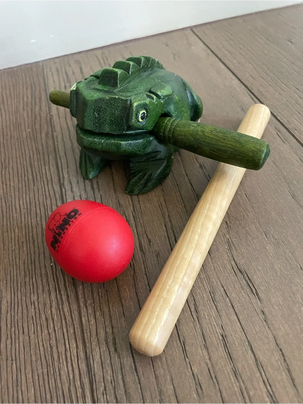 Wooden Frog Guiro Rattle with Red Rhythm Ball and Mallet - Kids Toys